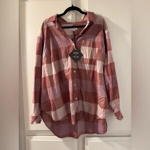 Ava & Viv Casual Plaid Shirt - Pink and White NWT